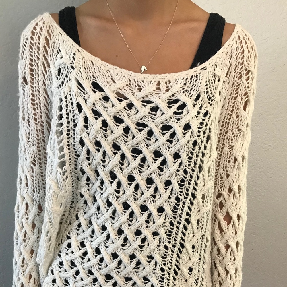 Free People White Ivory Net Pullover Sweater